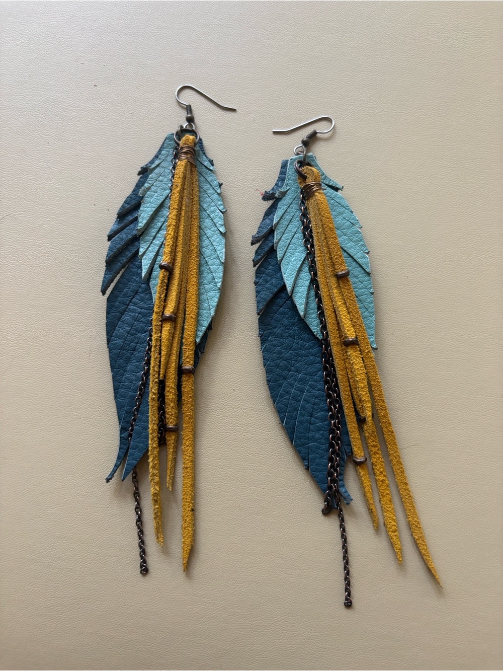 Handmade Artisan Leather Feather Fringe Earrings Turquoise Mustard 7”